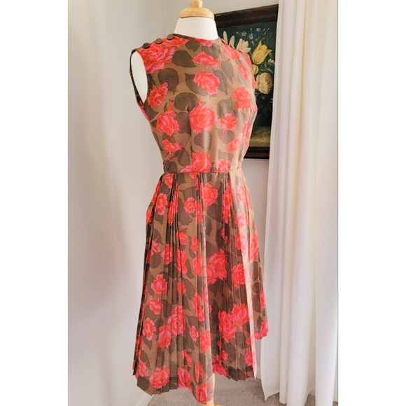 1950s Sleeveless Floral Boat Neck 50s Vintage Pleated Brown Red Pink Midi Dress - Picture 15 of 15